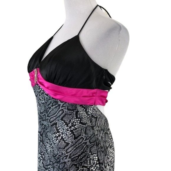 Blondie Nites Satin Evening Halter Dress V Neck Open Back Size 11 Animal Print - Picture 7 of 8